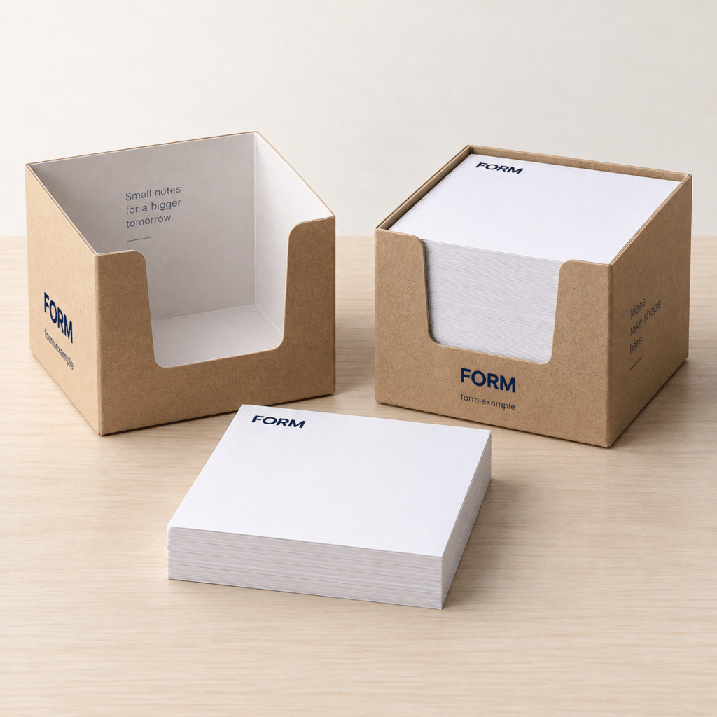 Küp Bloknot üzerinde temsili FORM logosuyla baskı örneği
