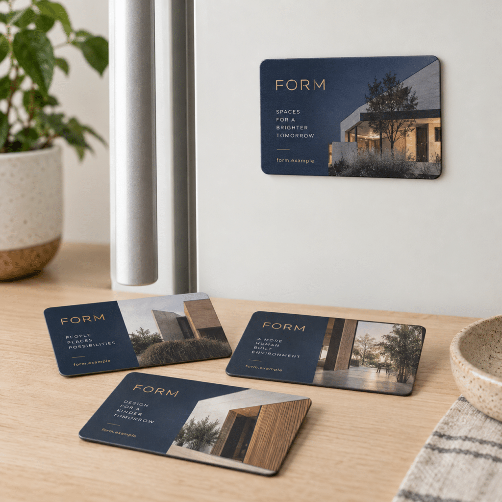 Baskılı magnet üzerinde temsili FORM logosuyla gerçekçi baskı örneği