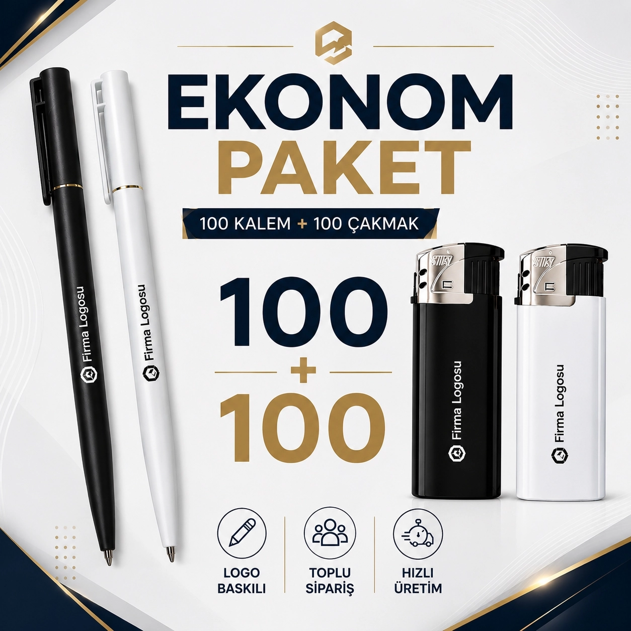 Ekonom Logo Baskılı Set — 100 Kalem + 100 Çakmak — resmi tedarikçi ürün görseli Ekonom Logo Baskılı Set — 100 Kalem + 100 Çakmak — örnek logo uygulaması, resmi tedarikçi ürün görseli