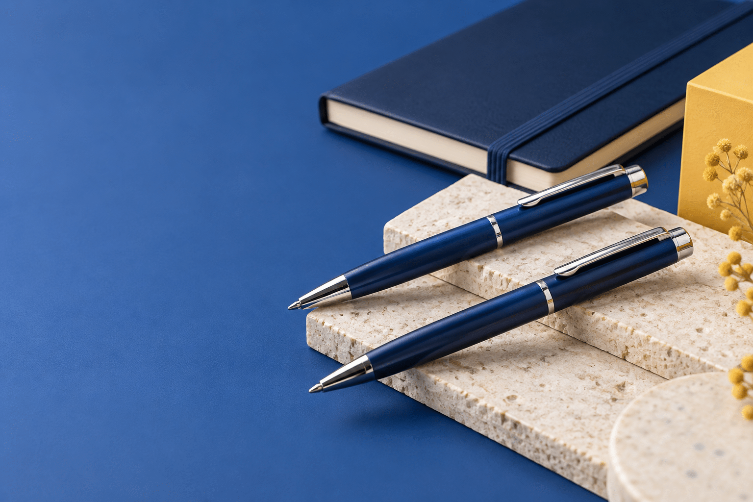 Lacivert metal kalemler ve defter, temsili promosyon görseli